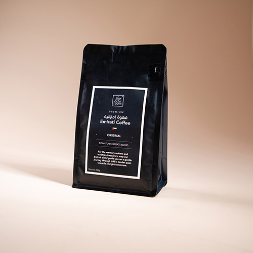 A sophisticated pouch of The Date Room's Emirati Coffee — Premium Original Blend, embodying the rich tradition of Arabic coffee.